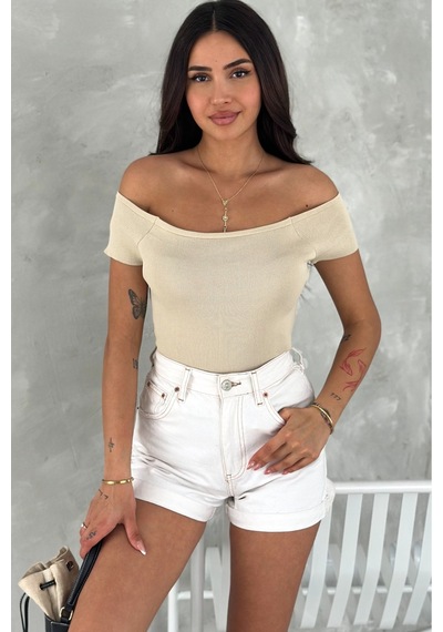 Femelle Kadın Bej Standart Beden Triko Crop Bluz