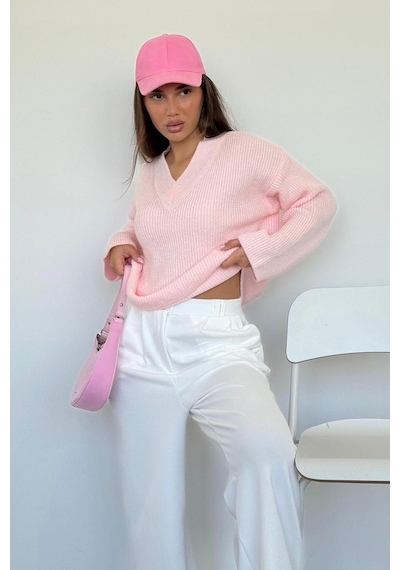 Madmext Pembe V Yaka Triko Kadın Kazak Mg2501 Pembe
