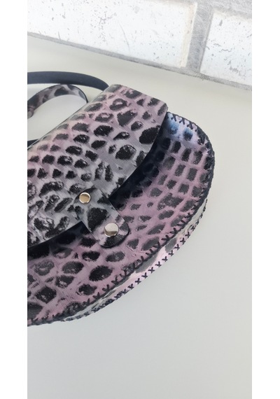 Medorya Design Mor Mavi Işıltılı Leopar Rugan Hakiki Deri Mini Çanta