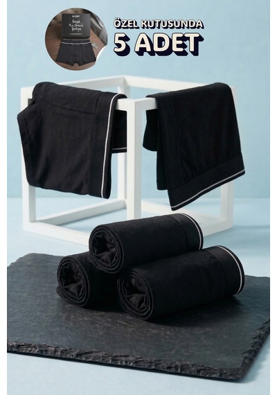 Andredimoda Erkek Pamuklu Likralı Boxer 5'li Premium Paket Çeyizlik Özel Dizayn Siyah Siyah