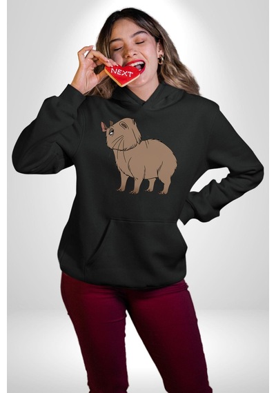 Chispi Kadın Erkek Siyah Kapüşonlu Sweatshirt Hoodie Siyah