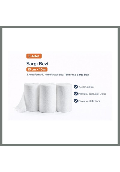 Bezos Sargı Bezi 15 Cm X 10 M 3 Adet Pamuklu Hidrofil Gazlı Bez Rulo Sargı Bezi Seti Mmbz