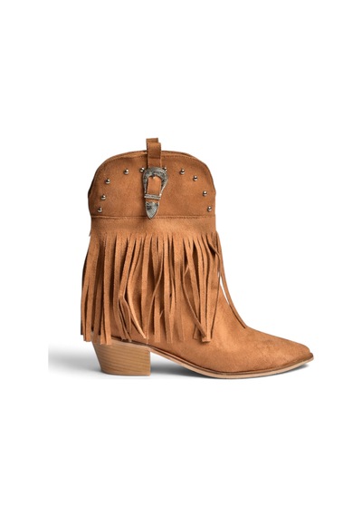 Fox Shoes Z726104202 Taba Süet Kalın Alçak Topuklu Püsküllü Kovboy Model Kadın Bot