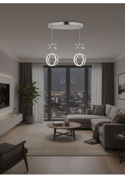 Zero Model 2"li Kristal Taşlı Gümüş 3 Renk Modu Ledli Salon Mutfak Oturma Odası Sarkıt Led Avize Metalik