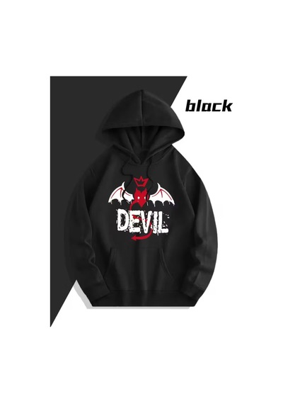 Nevermind Sevgili Çift Kombin Devil & Angel Baskılı Renk Kapüşonlu Sweatshi Siyah