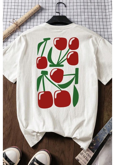 Spoyi Cherry Mood Tasarımlı %100 Pamuk Yarım Oversize Beyaz T-shirt
