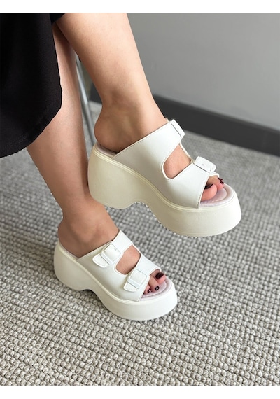 Asmi Shoes Kadın Wera Beyaz İki Tokalı Kalın Taban Ortopedik Sandalet&terlik
