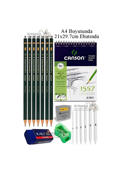 Canson A4 Eskiz Defteri 1557 40 Yaprak Fatih Dereceli Kalem Sketch Karakalem 6 Lı Gölgelendirme Hamur Silgi Kalemtraş