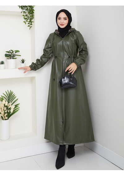 Hb Harma Time Butik Kadın Fermuarlı Kapüşonlu Şardonlu Haki Deri Kap