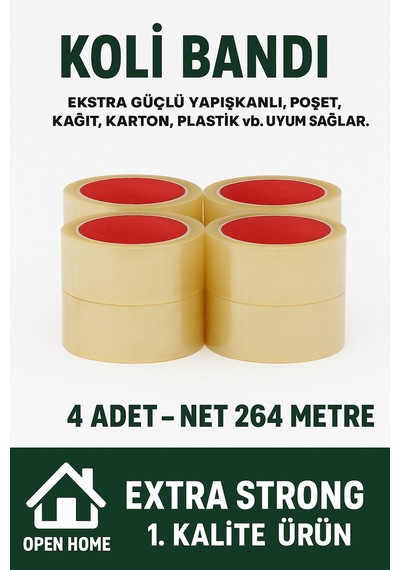4 Adet-264 Metre Şeffaf Koli Bandı Extra Strong 40 Micron Kalınlık, Güçlü Yapışkan Diğer