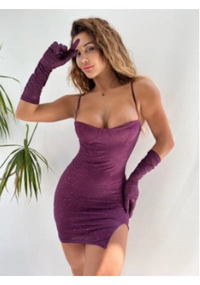 Pink Life Bordo Simli Kumaş Eldivenli Elbise Bordo