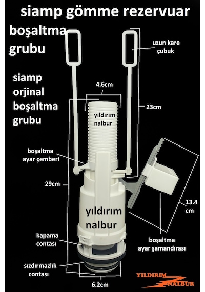 Siamp Uzun Kare Gömme Rezervuar İç Takım Orta Göbek Boşaltma Grub Beyaz