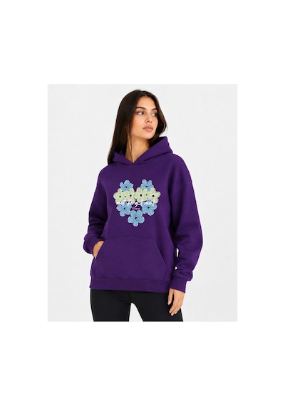 Herkesemoda Kalp Çiçek Baskılı Kapüşonlu 2 İplik Şardonlu Sweatshirt Mor