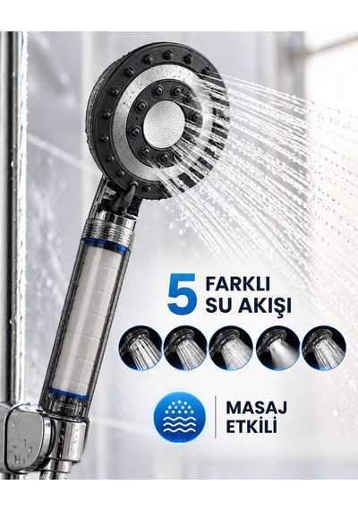 Siyah Filtreli Duş Başlığı 5 Farklı Su Akışı Masaj Etkili Klor Ve Kireç Filtreleme Renkli