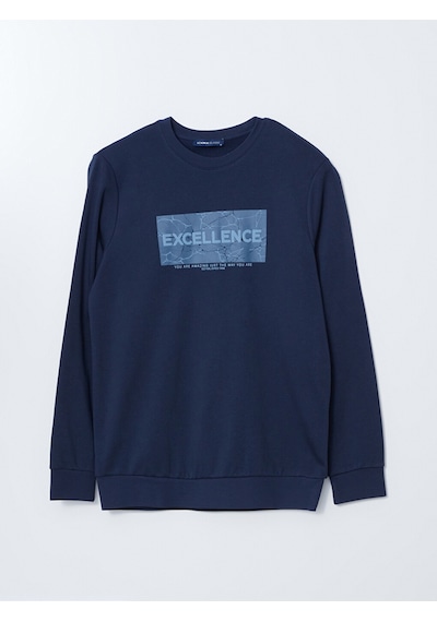 Lcwaıkıkı Classic Lacivert Bisiklet Yaka Uzun Kollu Baskılı Erkek Sweatshirt