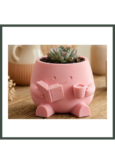 Bezos 3d Baskı Kitap Okuyan Saksı - Kupa Tutan Sevimli Saksı-pembe Nhr Standart