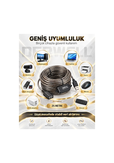 Yeni 2026 25 Metre Usb 2.0 Aktif Uzatma Kablosu Dahili Güçlendirilmiş Sinyal Çipli Kopma Donma Yapmaz Tak Çalıştır Erkek Dişi Yüksek Hızlı Kararlı Veri Aktarım Kablosu Gold Seri Premium