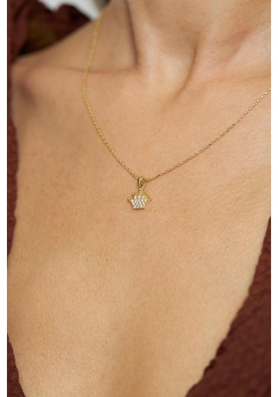 Roza Silver Zirkon Taşlı Gold Taç Model Minimal Gümüş Kolye