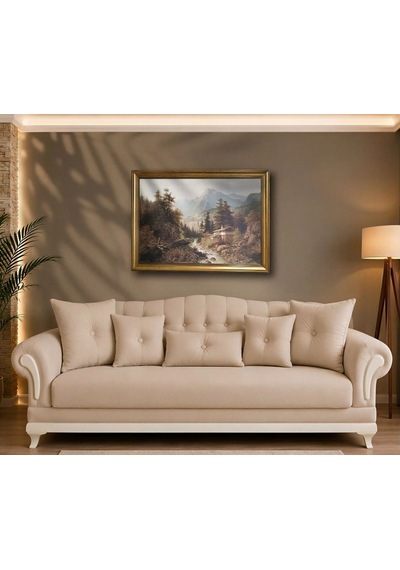 Klasik Gold Çerçeveli Dağ Manzaralı Tablo Orman Ve Dere Lüks Salon Duvar Dekoru 80x60 Cm