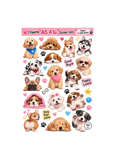 A5 4 Lü Köpek Temalı Sticker Seti 45 Adet Sevimli Köpek Sticker Çok Renkli