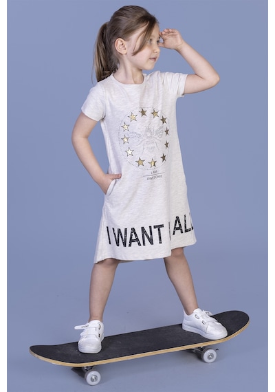 Toontoy Kız Çocuk I Want It All Baskılı Elbise Kahve Melanj