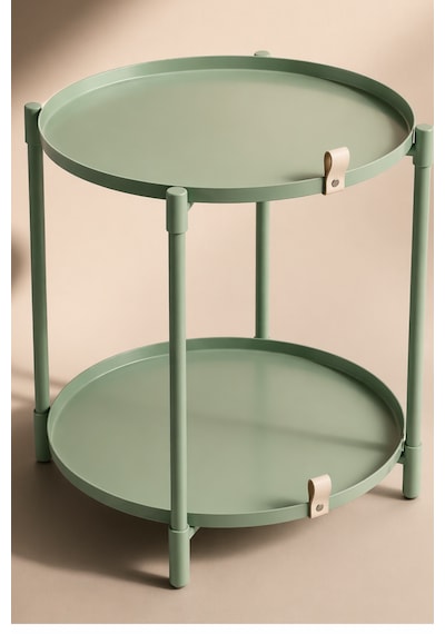 Çift Tepsili Katlanır Orta Yan Yuvarlak Sehpa Metal Ayak - Modern Sehpa 50cm 44 Cm Tepsi Deri Kulplu Mint Yeşili