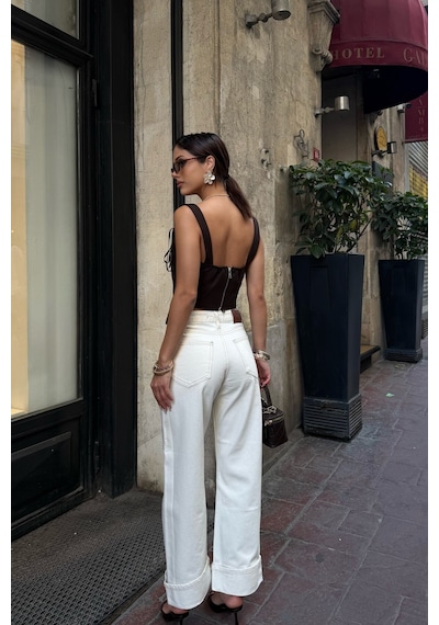 Meecy Kadın Ekru Wide Leg Jean Pantolon Dikiş Detaylı Kot Ekru Ekru