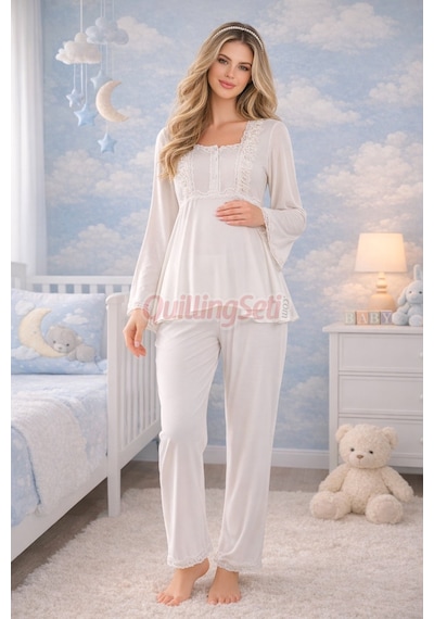 Lady  Dantel Detaylı 33205 Uzun Kol 2 Parça Lohusa Hamile Pijama Takımı Ekru Renkli
