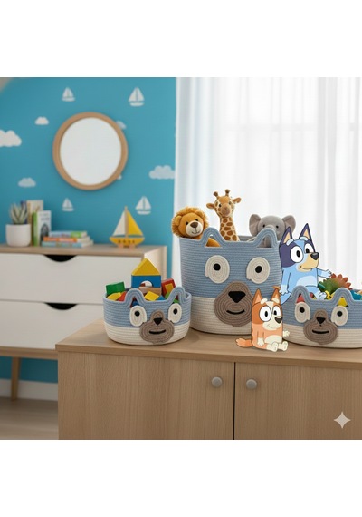 Bluey Orgnizer Sepet Takımı Çocuk Odası Kordon İpten Açık Mavi