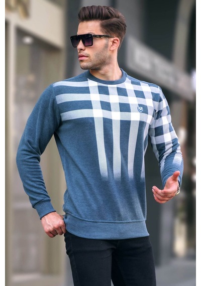 Madmext İndigo Bisiklet Yaka Baskılı Sweatshirt 6031 Mavi