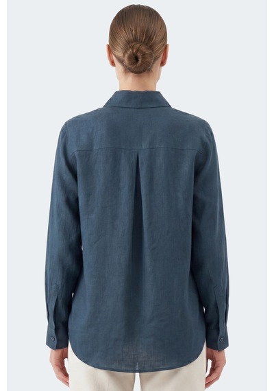 Goffra Kadın Gia %100 Doğal Keten Gömlek - Klasik Yaka Basic Minimalist Tasarım Lacivert W207-k0401-03
