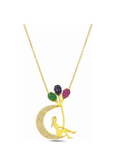 Çekirdekjewelry 925 Ayar Gümüş Ay Kolye Renkli Taşlı Zarif Kadın Tasarım Sarı