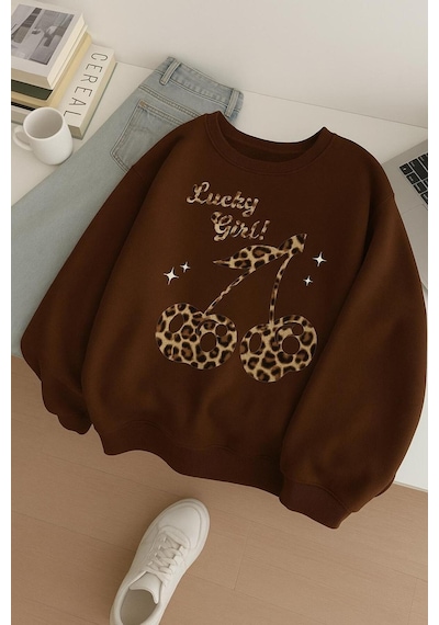 Benroma 3 İplik Penye Lucky Girl Baskılı Unisex Sweatshırt Kahverengi