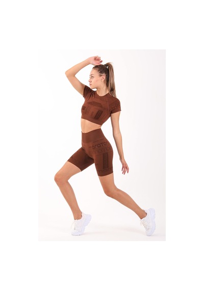 Maraton Active Slimfit Kadın Bisiklet Yaka Kısa Kol Koşu Sepya Crop Top 811037 Kahverengi