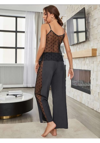 Tül Detaylı Pijama Takımı Siyah