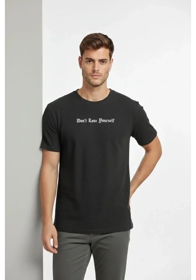Vexor Erkek Wafıl Kumaş Tişört Regular Kalıp Bisiklet Yaka Baskılı Günlük Basic T-shirt - Siyah