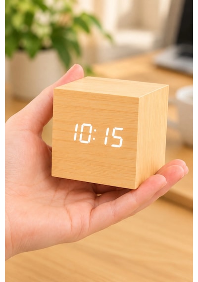 Ahşap Dijital Kübik Masa Saati Termometre Ve Alarm Çok Renkli 77535356