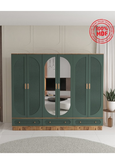 Soho 6 Kapaklı Çekmeceli Bazalı Gardırop - Tamamı Mdf Yeşil