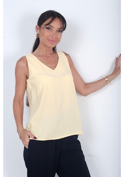 By Saygı Kadın V Yaka Pervazlı İtalyan Cotton Lyocell Bluz Sarı By Saygı Kadın V Yaka Pervazlı İtalyan Cotton Lyocell Bluz Sarı