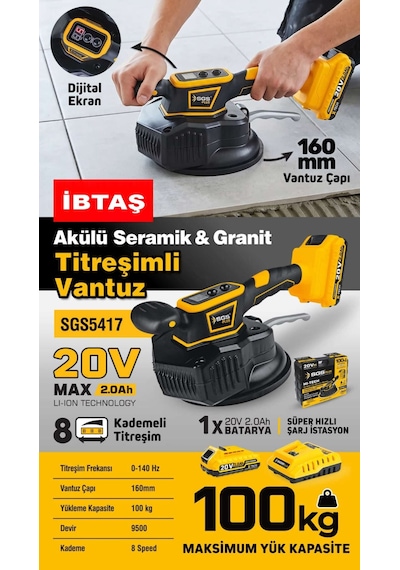 Sgs5417 - 100 Kg Akülü Seramik Granit Titreşimli Vantuz 20 Volt 2 Amper