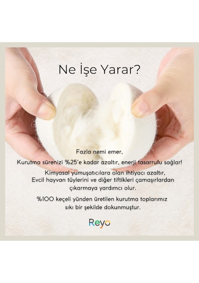 Reyo Yün Çamaşır Kurutma Makinası Topu 3 Adet Xl %100 Organik Beyaz