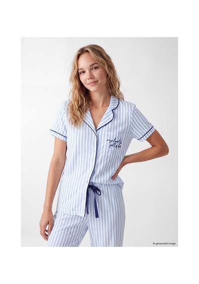 Lcw Dream Mavi Gömlek Yaka Çizgili Kadın Pijama Takımı