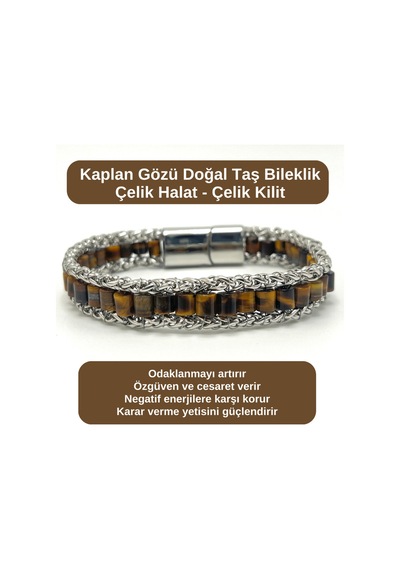 Sertifikalı Kaplan Gözü Doğal Taş Bileklik Çelik Halat Çelik Kilit Çok Renkli