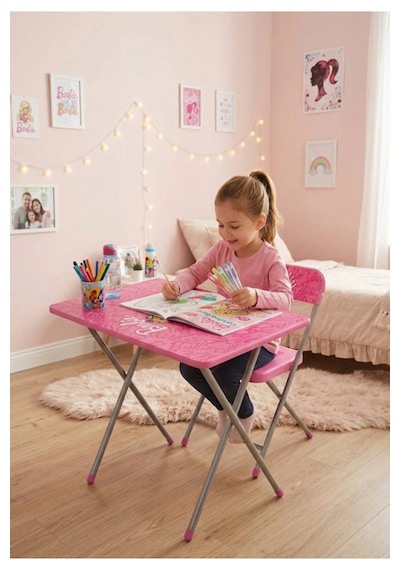 Barbie Lisanslı Katlanabilir Oyun Aktivite Ve Çalışma Masası Çocuk Masa Sandalye Seti Pembe