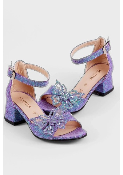 Nese Shoes Kelebekli Kız Çocuk Topuklu Ayakkabı, Simli Abiye Ayakkabı Mor