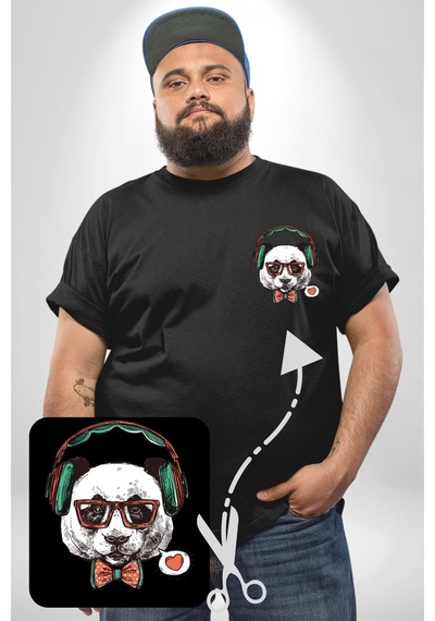 Angemiel Kulaklıklı Hipster Portre Panda Siyah Büyük Beden Kadın Basic Minimal Baskılı Tişört Siyah