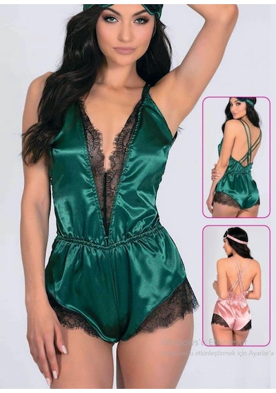 Dantel Detaylı Saten Tulum Babydoll Yeşil