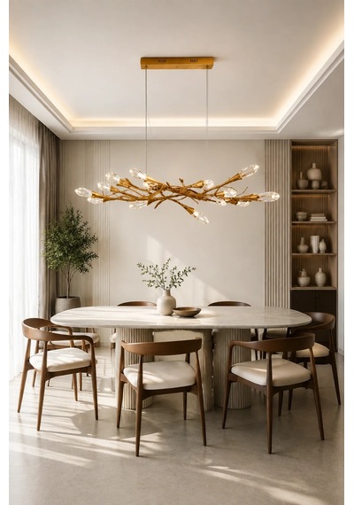 Modern Premium Led Ahşap Detaylı Salon Yemek Odası Sarkıt Avize Aydınlatma 40w 4000k Beyaz