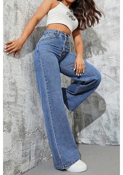 Palazzo Pantolon Orta Mavi Yüksek Bel Geniş Paça Bol Kesim Premium Jeans Orta Mavi
