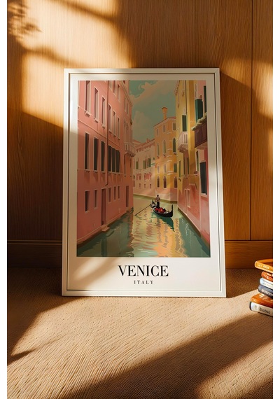 Venice Italy Vintage Seyahat Posteri Çerçeveli Tablo - Premium Venedik Kanal Elit Duvar Dekoru Beyaz